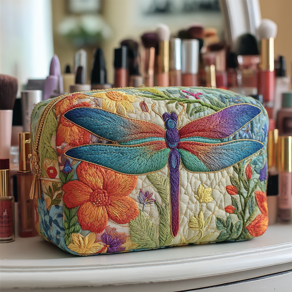 Geantă cosmetică matlasată - Libelulă aurie — imagine 1