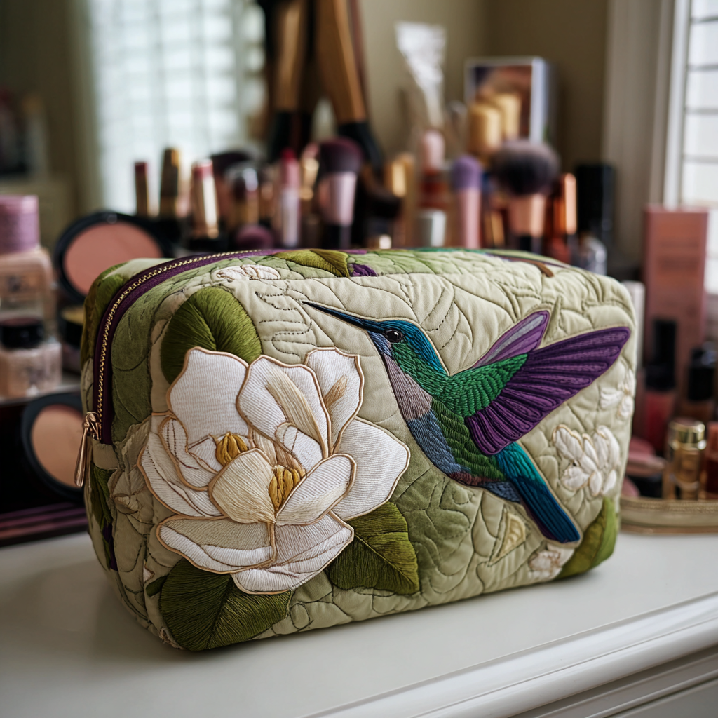 Geantă cosmetică matlasată - Pajiște cu colibri — imagine 1