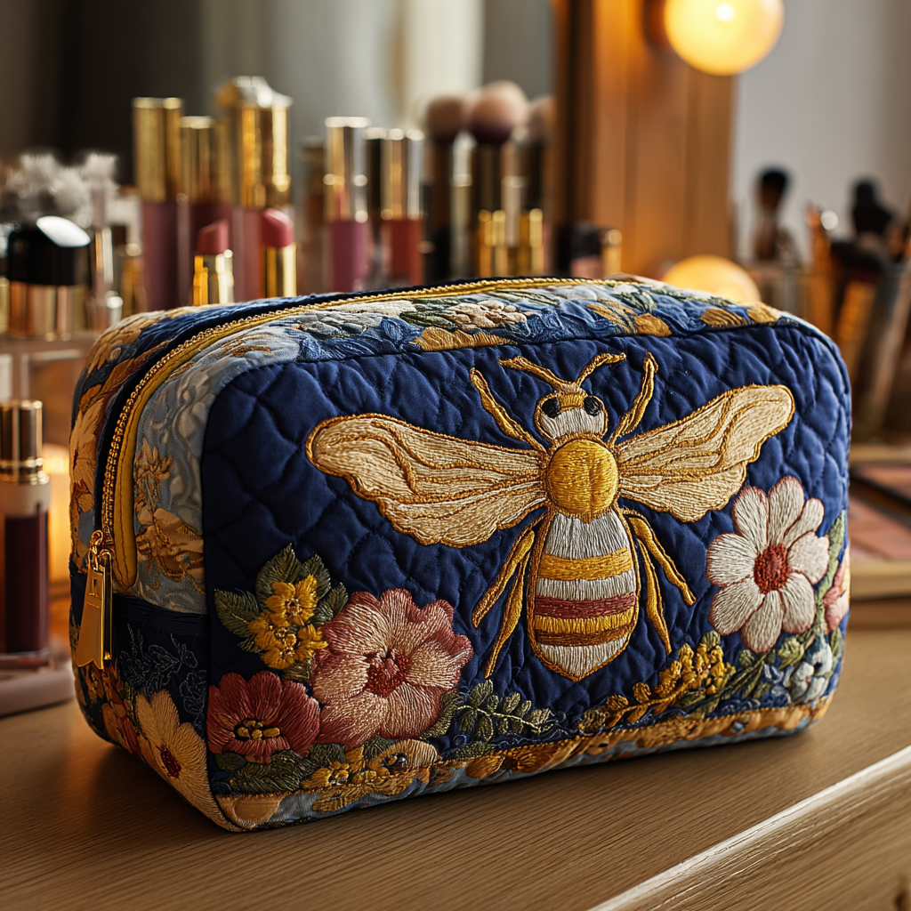 Geantă cosmetică matlasată - Albine și flori — imagine 1