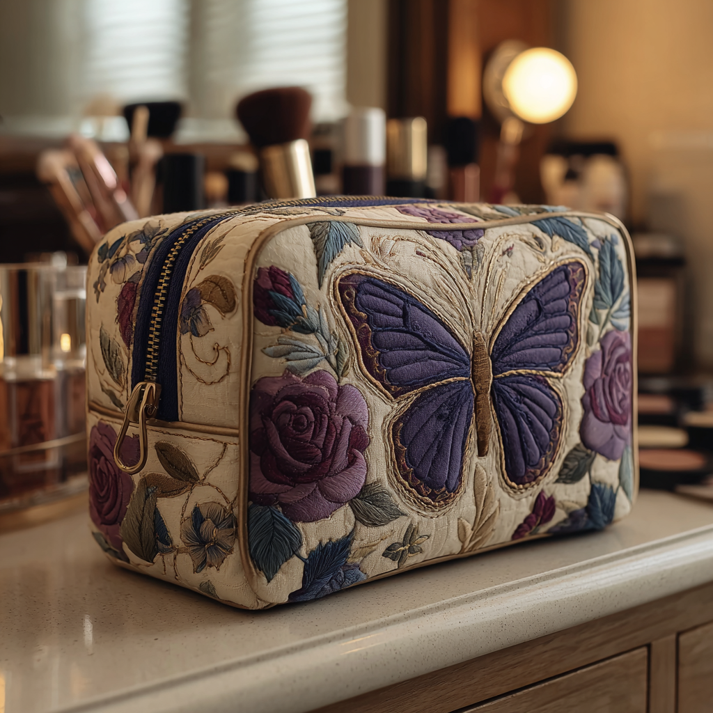 Geantă cosmetică matlasată - Fluture și flori — imagine 1