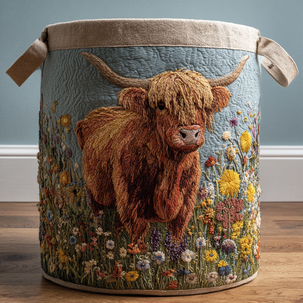 Coș de rufe matlasat - Vacă Highland și flori — imagine 1