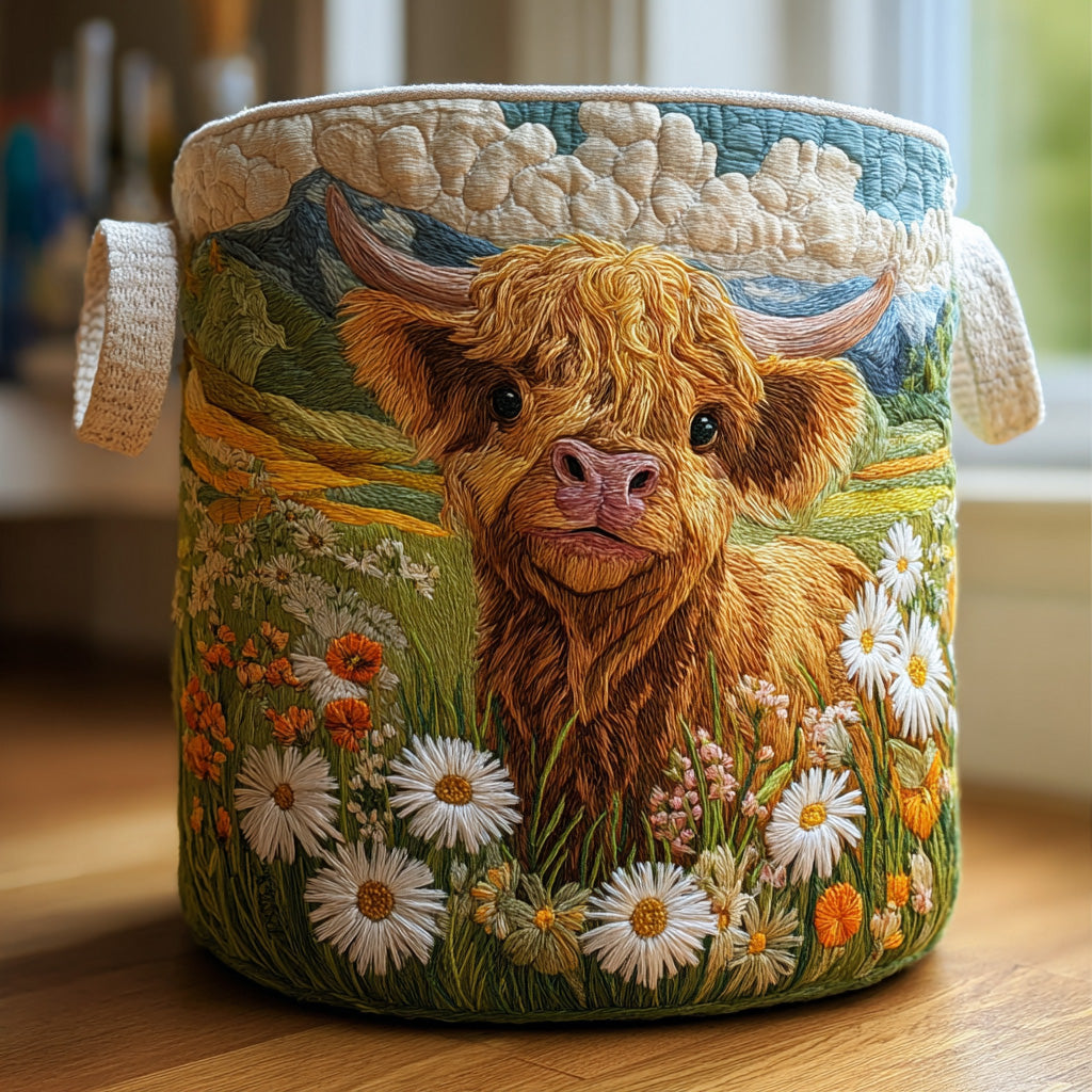 Coș de rufe matlasat - Vacă Highland și flori — imagine 1