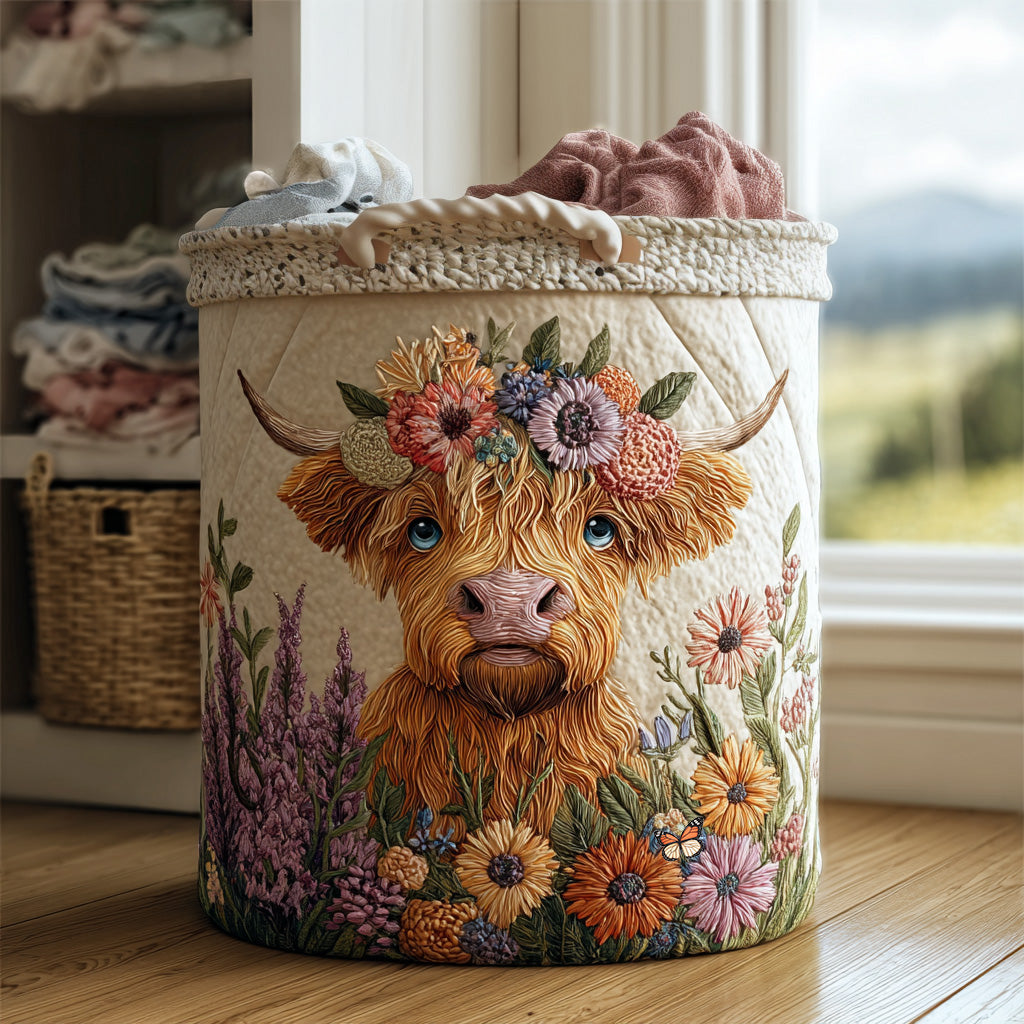 Coș de rufe matlasat - Vacă Highland și flori — imagine 1