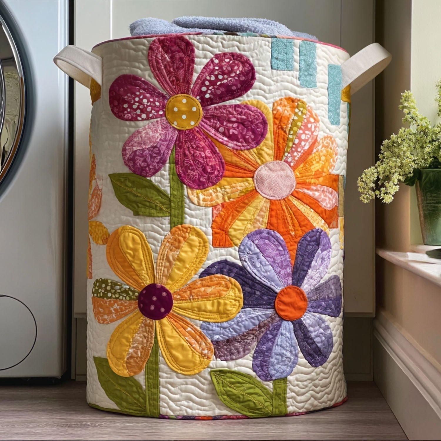 Coș de rufe matlasat - Patchwork cu flori — imagine 1