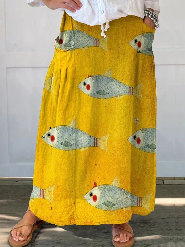 Fustă din pânză cu buzunare, model artistic cu pești — imagine 2