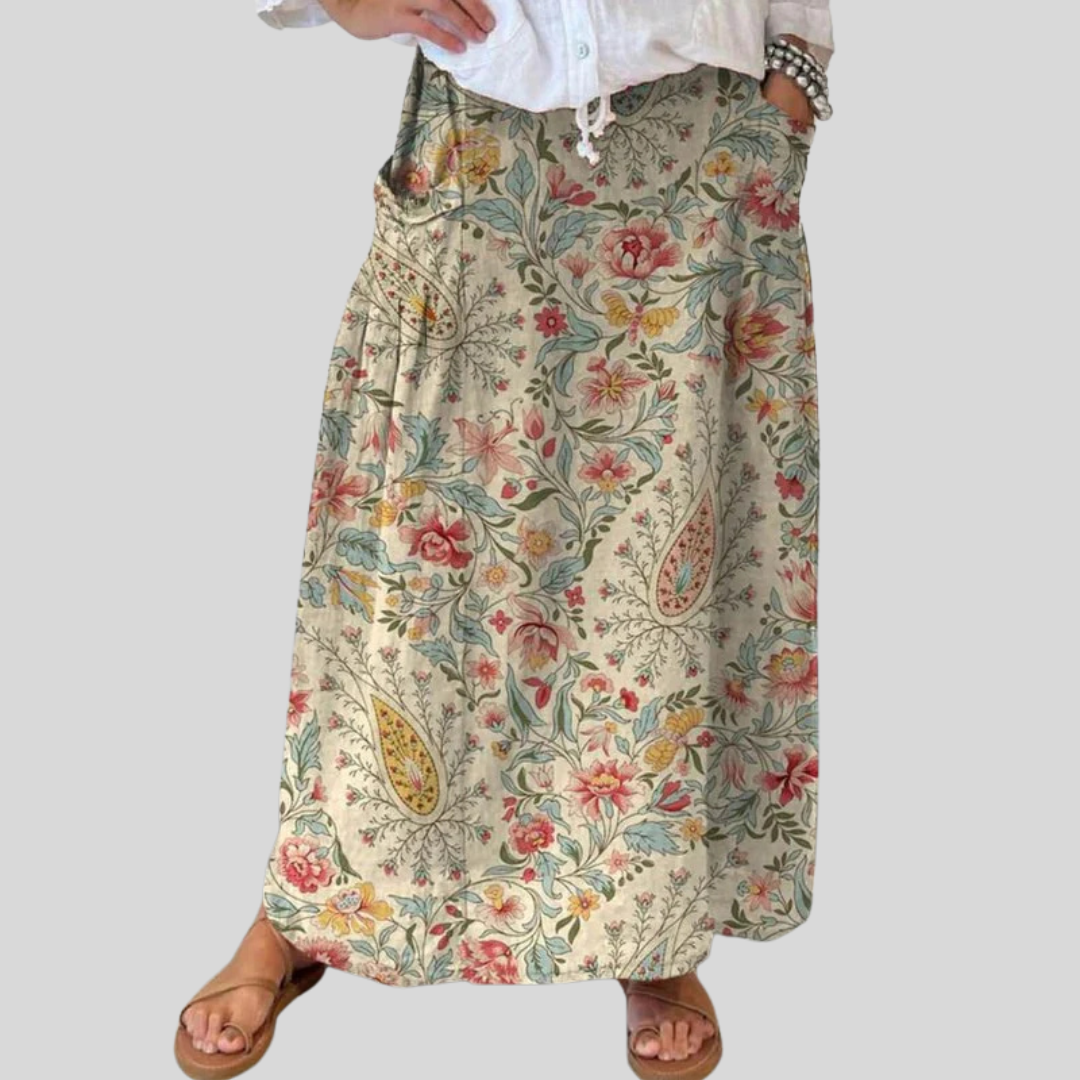 Fustă de in cu buzunare, model floral artistic — imagine 1
