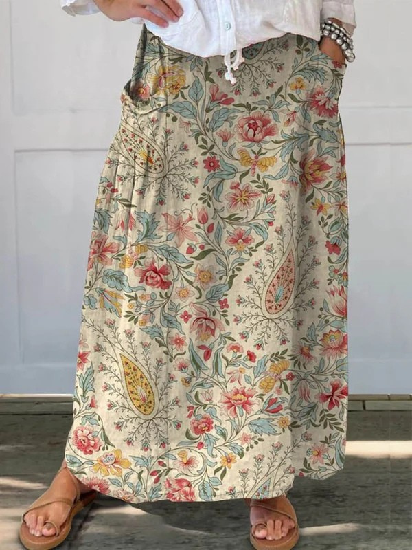 Fustă de in cu buzunare, model floral artistic — imagine 2