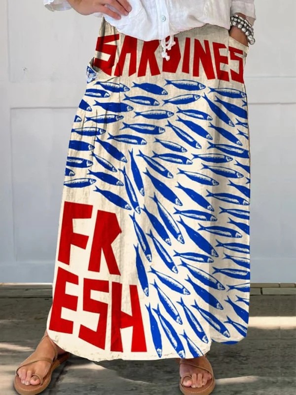 Fustă din pânză cu buzunare, model retro de sardine — imagine 2