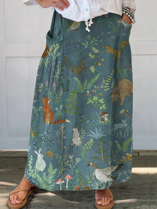 Fustă de in cu buzunare, imprimeu retro floral și animal print — imagine 2