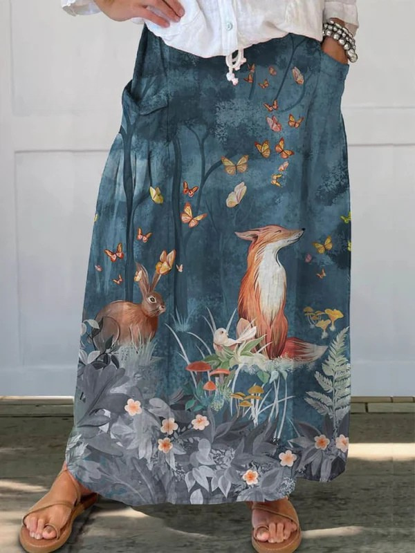 Fustă de in cu buzunare, imprimeu floral și animal print — imagine 2