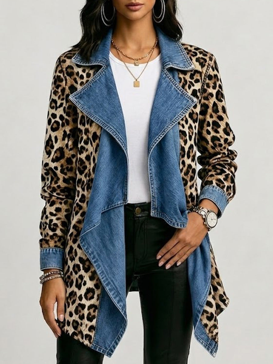 Victoria - Jachetă de lungime medie cu imprimeu leopard și panouri din denim spălat — imagine 1