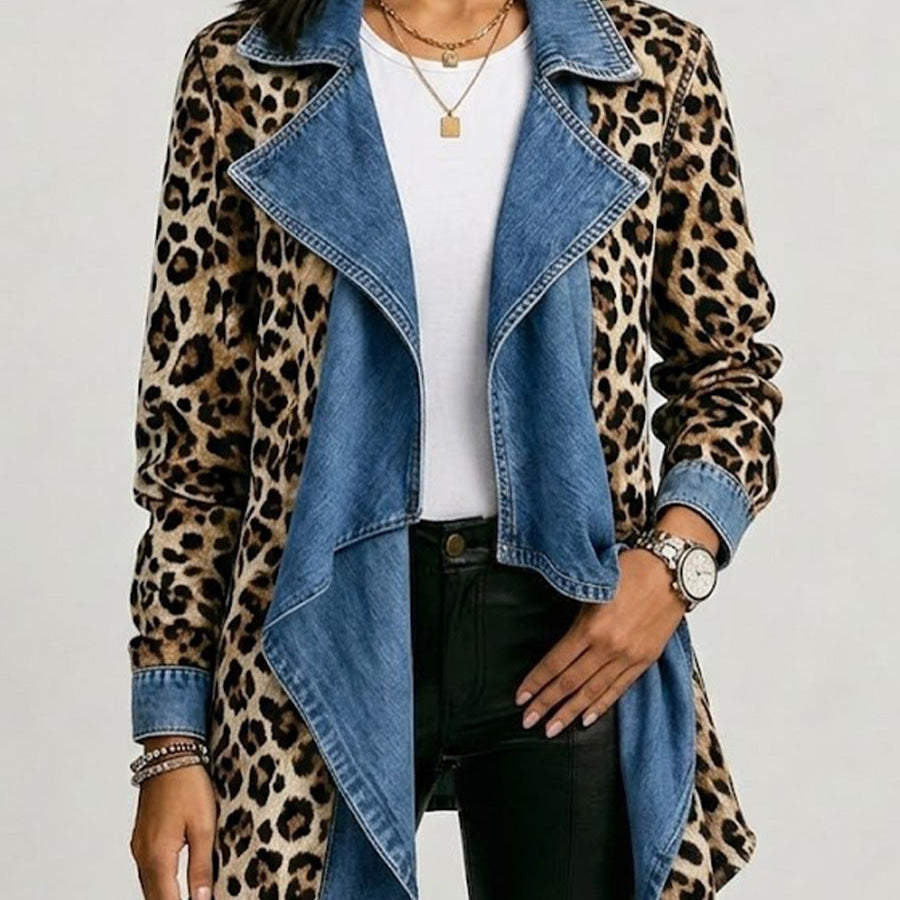 Victoria - Jachetă de lungime medie cu imprimeu leopard și panouri din denim spălat — imagine 1