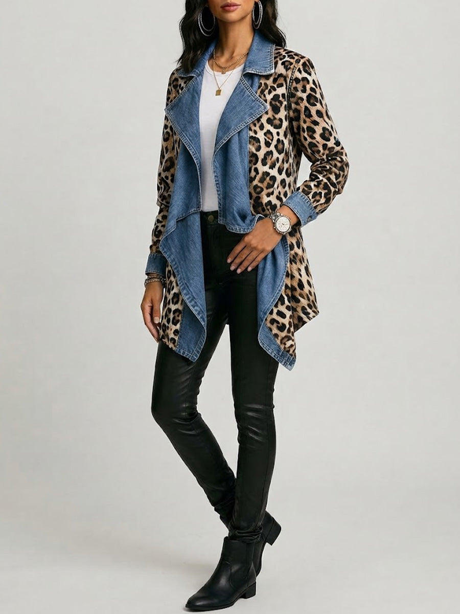 Victoria - Jachetă de lungime medie cu imprimeu leopard și panouri din denim spălat — imagine 2