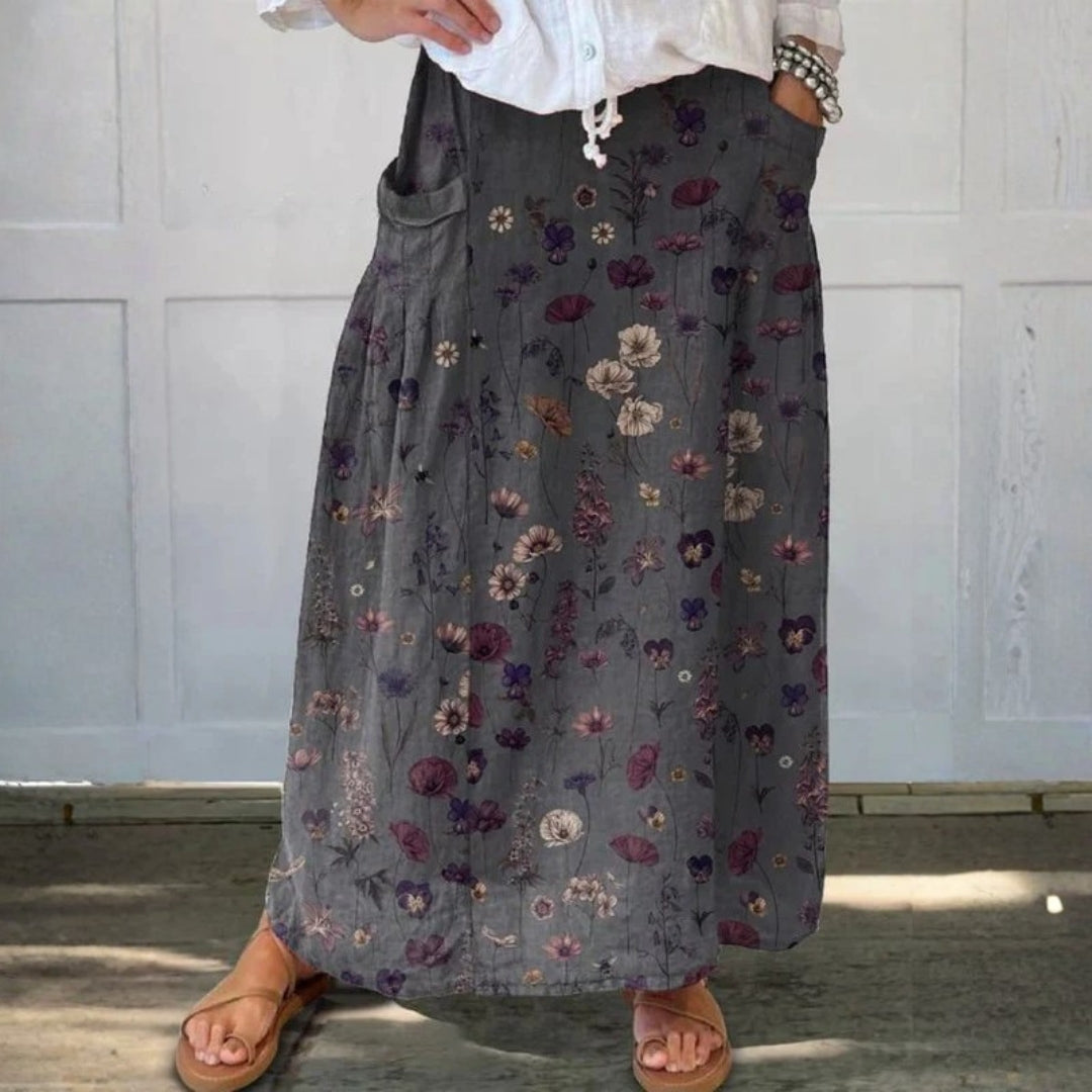 Fustă din in cu model floral și buzunare — imagine 1