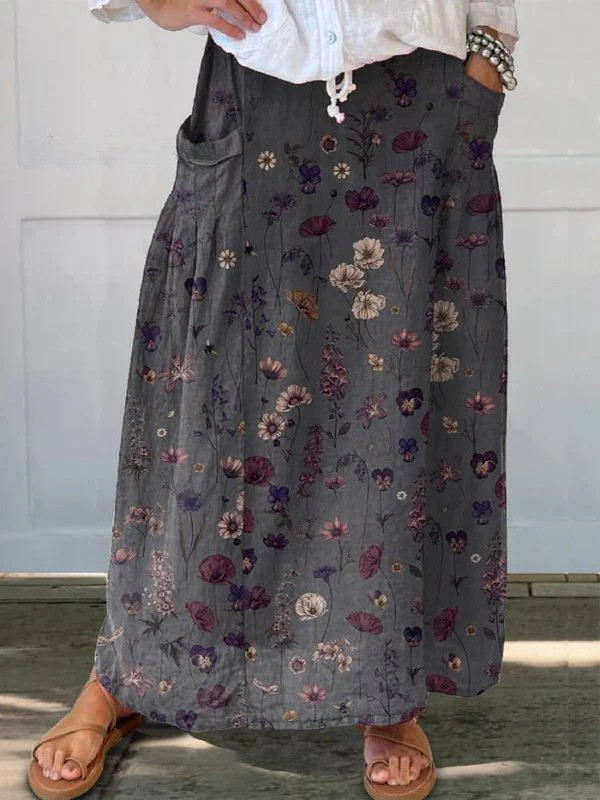Fustă din in cu model floral și buzunare — imagine 2